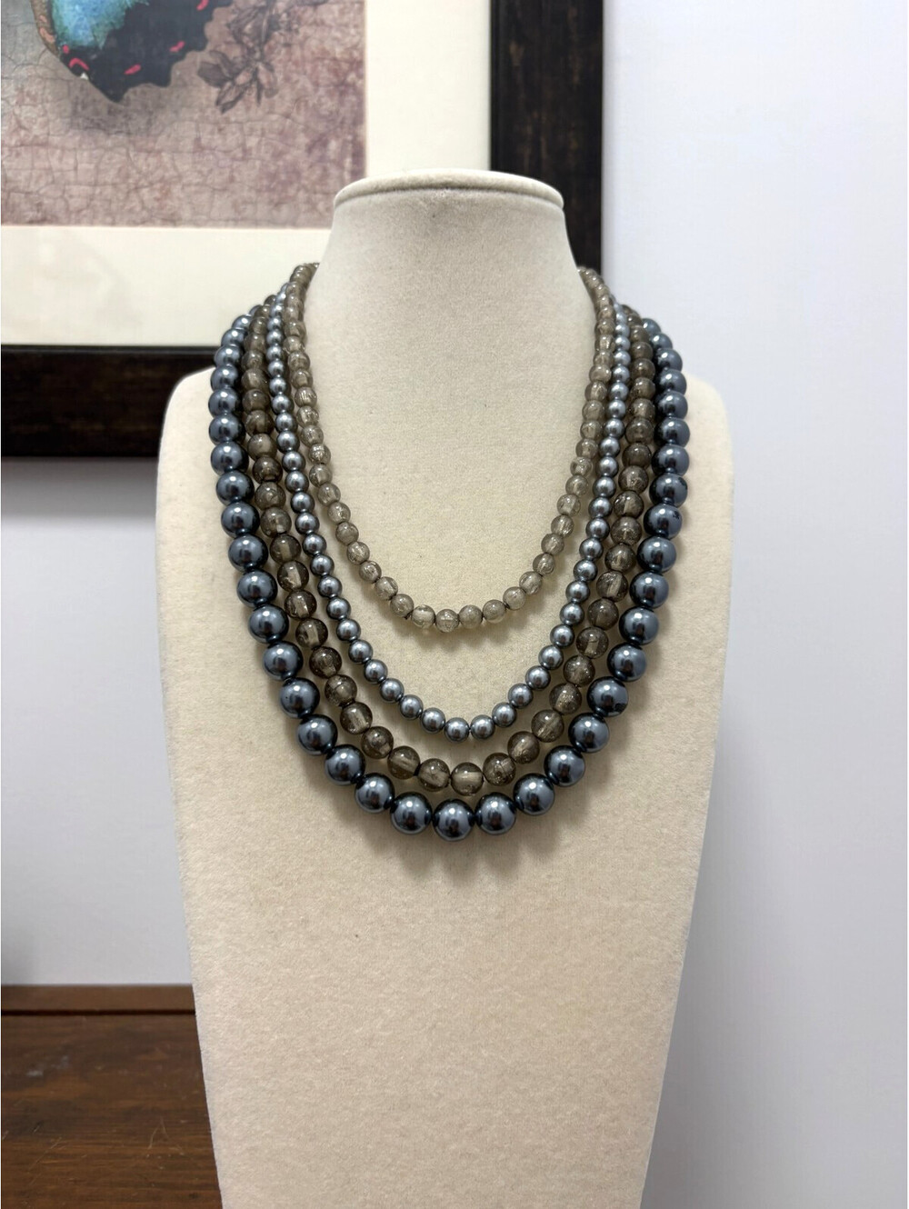 Vintage Japan 4 Strand Gunmetal Gray Silver Smoky Pearl Beaded Necklace 14-16"